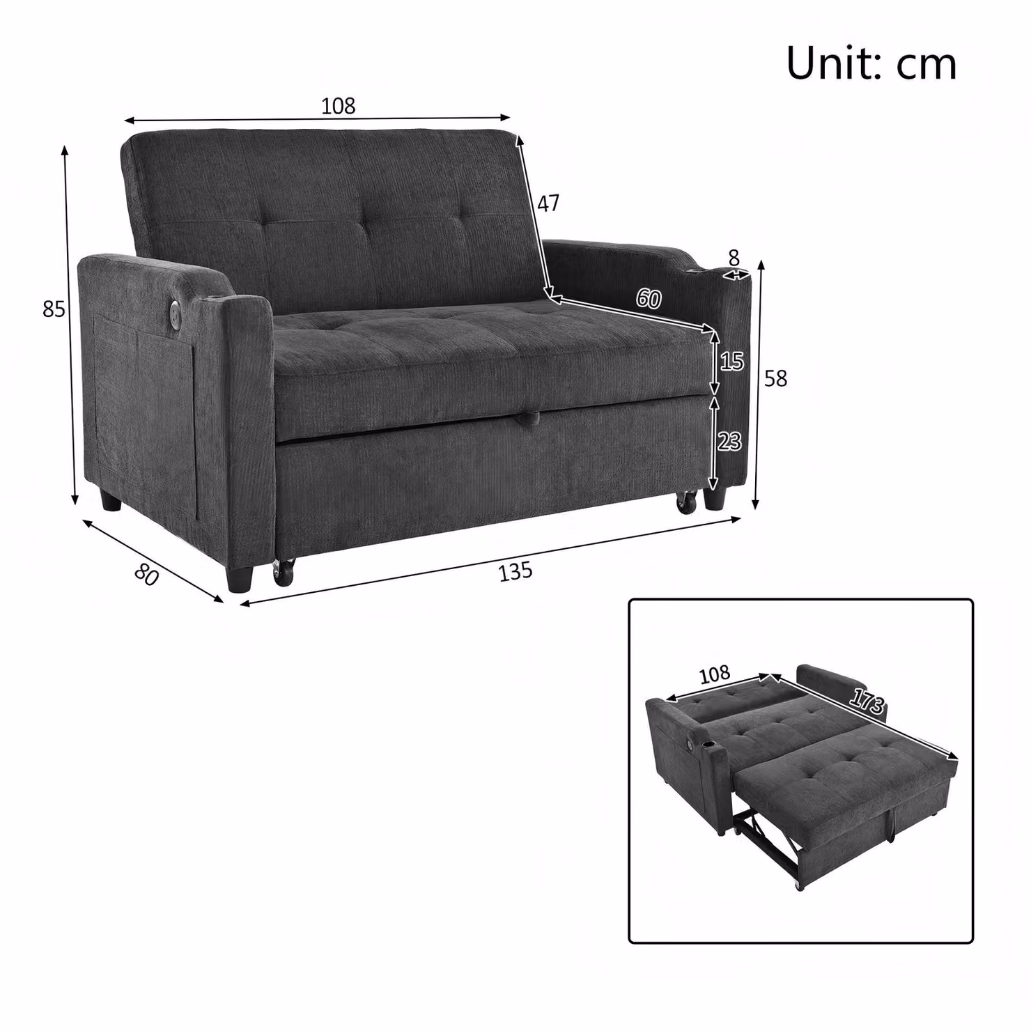 Aosom UK Convertible Sofa Bed with Adjustable Backrest, USB and Type-C Charging, Cup Holder and Pull-out Drawer, Dark Grey, W/D/H: 173 x 135 x 58 cm – 3