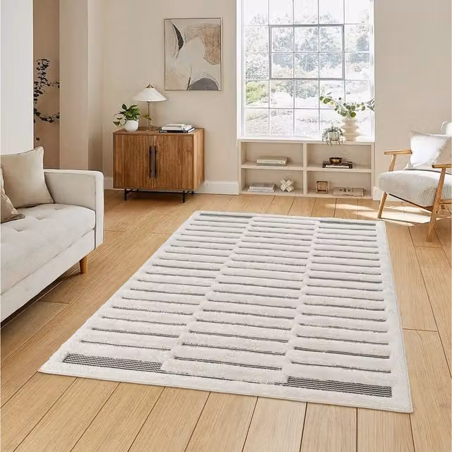 Desire Rugs Modern Striped Rectangular Living Room Area Rug in Beige and White, W: 290 cm, D: 200 cm
