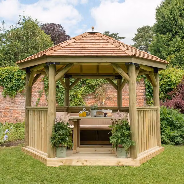 Forest Hexagonal Garden Gazebo in Cream and Cedar with Pine and Steel Construction, 3.6 Metre