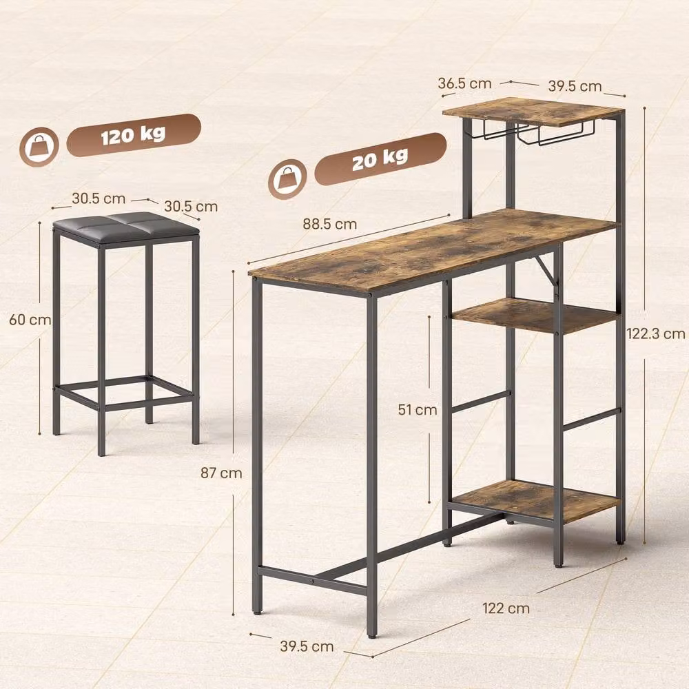 STILVORA 3 Piece Bar Table and Stools Set with Storage in Brown – 2