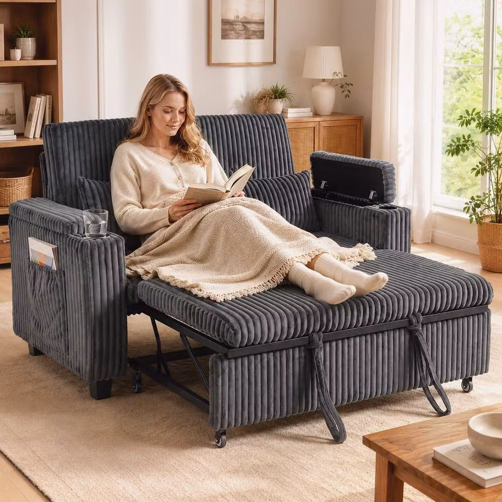 HOMCOM 2 Seater Corduroy Pull Out Sofa Bed in Dark Grey – 2