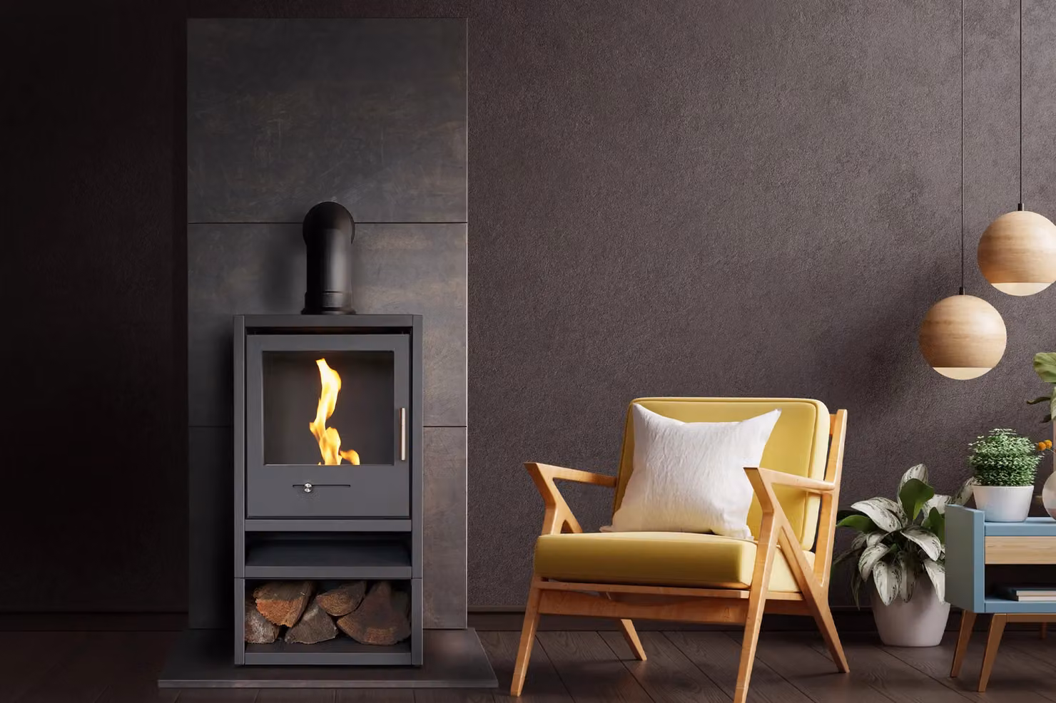 OKO S1 Bio Ethanol Stove with Log Storage in Charcoal Grey and Black Angled Stove Pipe – 2