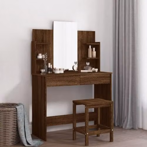 vidaXL Dressing Table with Mirror in Brown Oak, W: 96 cm, D: 39 cm, H: 142 cm – 2