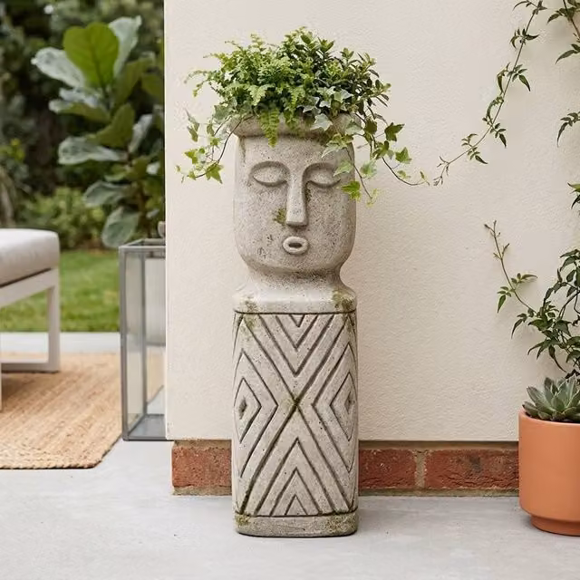 Garden Greatness Decorative Aztec Pillar Planter in Grey and Multicolour Stone