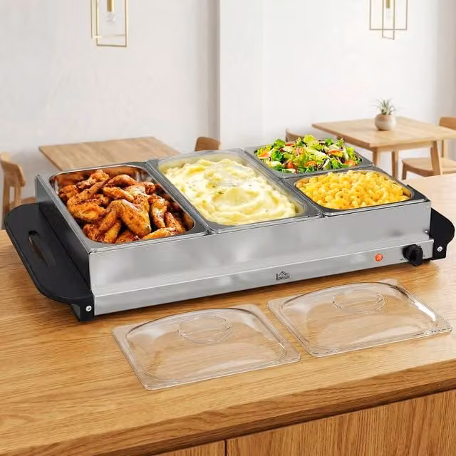 HOMCOM 300W Electric 4 Tray Buffet Server with Warming Plate in Silver
