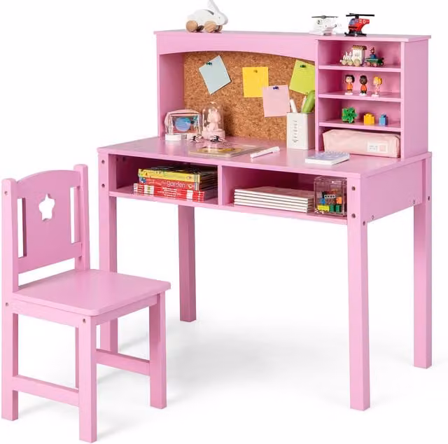 Costway Modern Pink Childrens Study Desk and Office Chair Set with Shelf