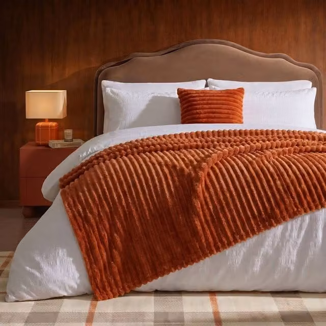OHS Ribbed Faux Fur Fleece Throw Blanket in Burnt Orange, W: 150 cm, L: 200 cm – 1