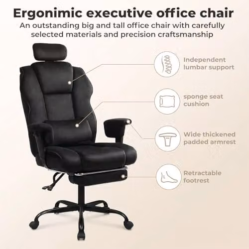 Levede Ergonomic Black Fabric Office and Gaming Chair with Adjustable Headrest, Armrests and Footrest – 7