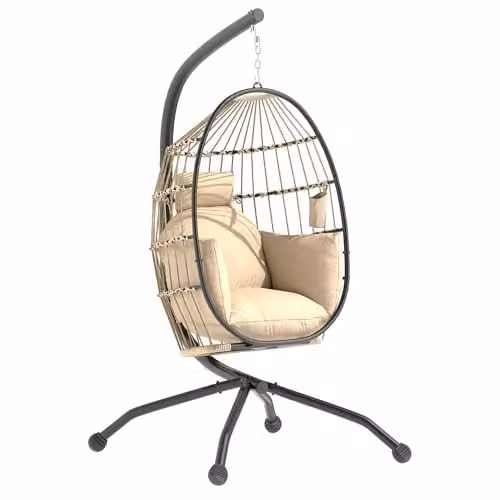 Outsunny Hanging Egg Chair with Ottoman and Cushions, Beige Rattan Swing Chair with Metal Frame, W/D/H: 120 x 88 x 192 cm