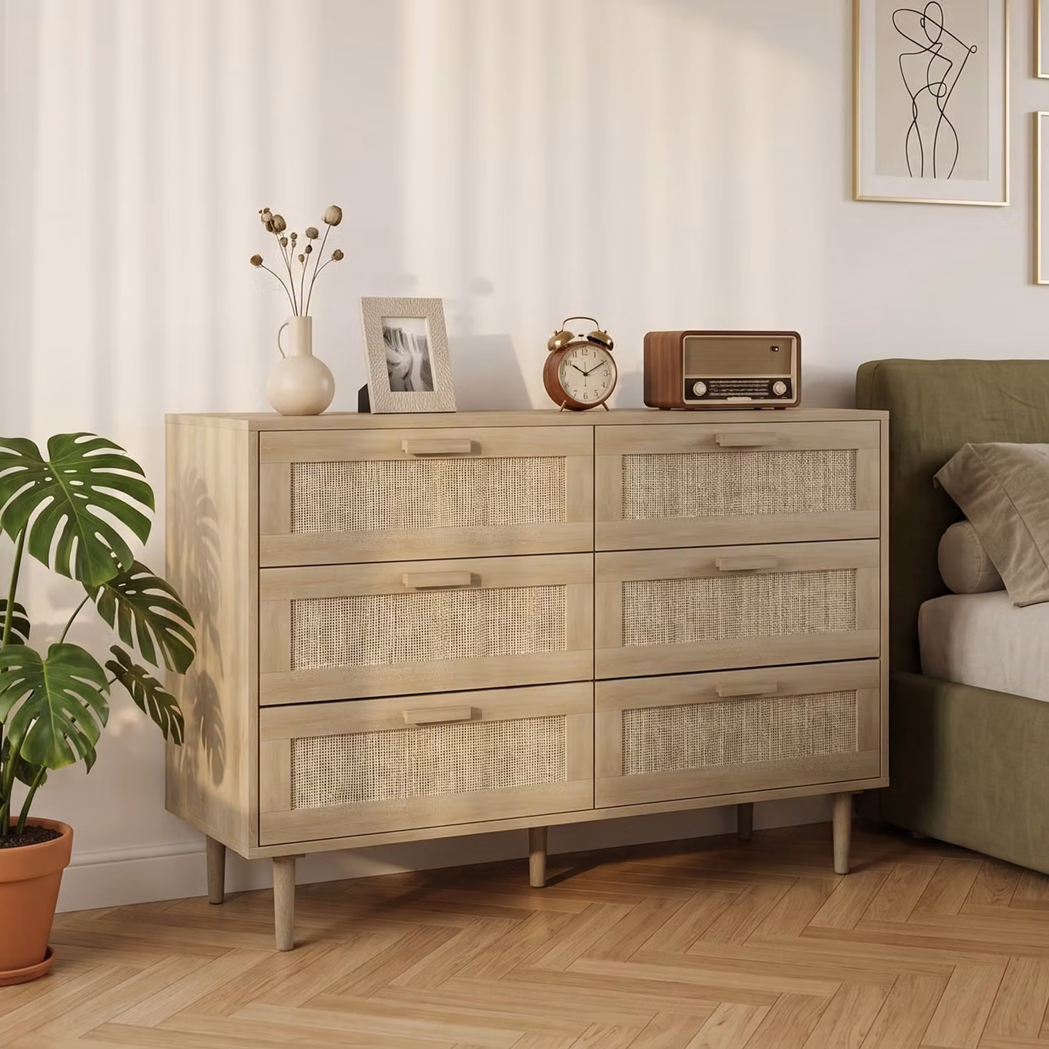 HOMCOM 6-Drawer Tall Chest of Drawers with Rattan Elements in Oak and Beige – 2