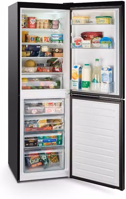 Montpellier Black Freestanding 50/50 Low Frost Fridge Freezer, E Energy Rating, W: 54 cm, D: 59 cm, H: 163 cm – 1