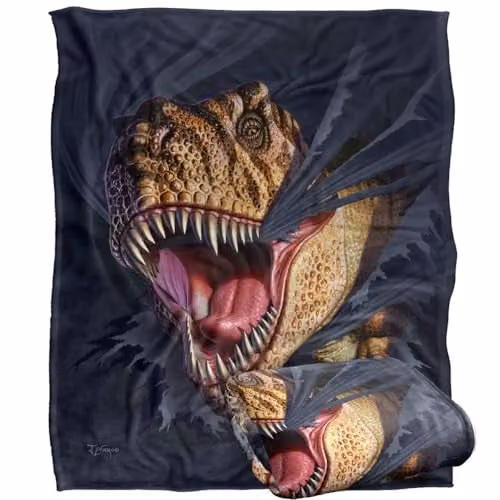 JQ Licensing Jlo T-Rex Ripping Dinosaur Super Soft Fleece Throw Blanket, White, W: 152 cm, D: 127 cm