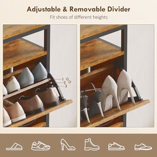 HOMCOM Industrial Shoe Cabinet with Tilting Compartments and Open Shelf, Brown and Black – 4