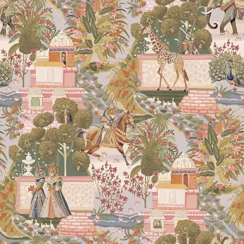 Holden Decor Animal Palace Indian Inspired Multicoloured Wallpaper with Giraffes, Lions and Elephants – 1