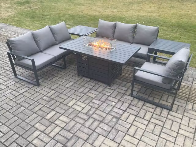 Fimous Aluminium Outdoor Lounge Sofa Garden Furniture Set with Gas Fire Pit Dining Table and 2 Side Tables in Dark Grey