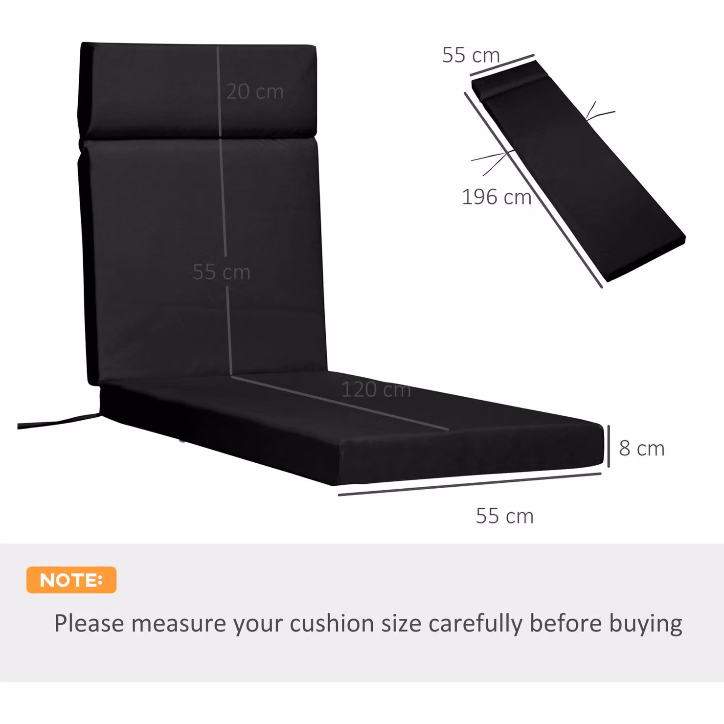 Outsunny Set of 2 Black Replacement Outdoor Seat Cushions for Rattan Furniture, W: 196 cm, D: 55 cm – 2
