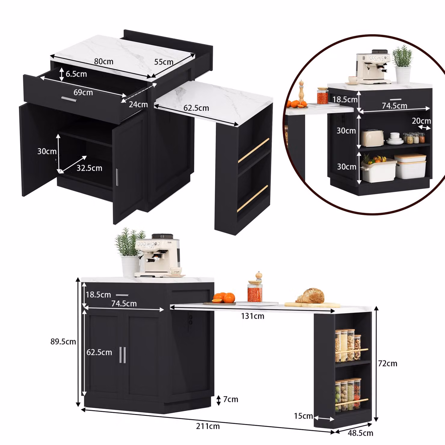 Aosom UK Black Versatile Kitchen Island with Extendable Dining Table and Adjustable Shelf, W: 211 cm, D: 55 cm, H: 89.5 cm – 3