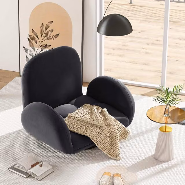 COSTWAY Black Velvet 360 Swivel Gaming Floor Chair with Armrests