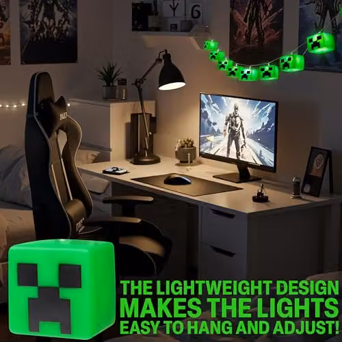 HALANTEX Minecraft Creeper LED String Lights in Green, Battery Operated 3D Cube Fairy Lights – 5