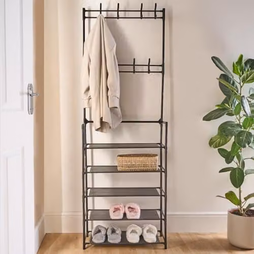 OHS Metal Hallway Coat Stand and Shoe Rack with 16 Hooks, Black, H x W x D: 169 x 64 x 26 cm – 2