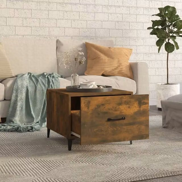 Berkfield Home Set of 2 Smoked Oak Decorative Coffee Tables with Metal Legs, Brown, W/D/H: 50 x 50 x 40 cm – 1