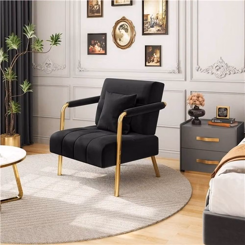 Kelvenix Black Velvet Accent Armchair with Gold Details and Pillow, Width: 75.5 cm – 5