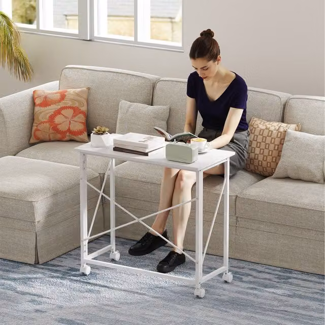 HOMCOM Small Folding Computer Desk with Castors, White