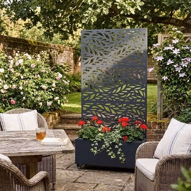 Nicoman Metal Indoor Outdoor Privacy Screen with Plant Pot, Leaf Pattern, Grey, H 180 x W 90 x D 40 cm