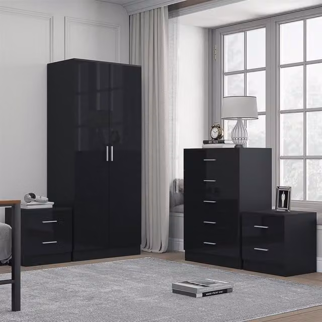 REFLECT Bedroom Furniture Bundle including 2-Door Plain Wardrobe, Chest of Drawers and 2 Bedside Tables in Black Gloss and Matt Black