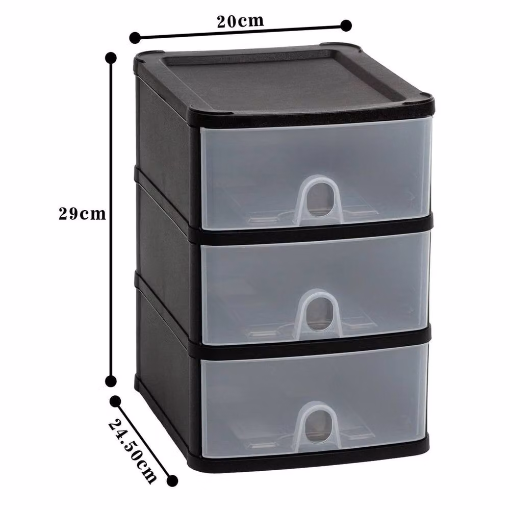FORGEVIO 3-Tier Clear Drawer Storage Tower Desktop Stationery Organiser in Black and Transparent, W/D/H: 24.5 x 29.0 x 20.0 cm – 2