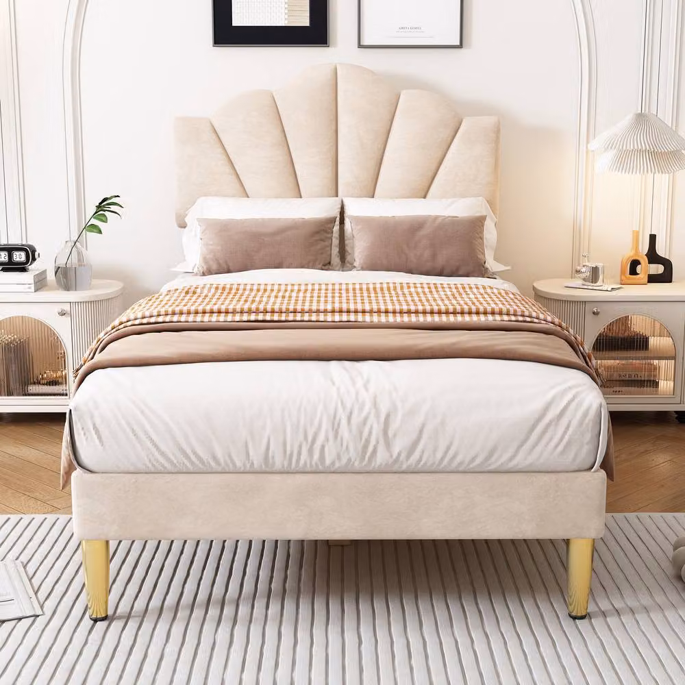 BTM Beige Velvet Single Bed with Shell Design and Gold Legs W/D/H: 90 x 190 cm – 2
