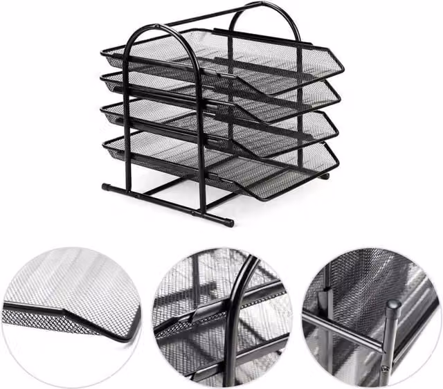 EONLION 4-Tier Metal Wire Mesh Filing Tray Holder for A4 Documents, Black, Width: 20 cm
