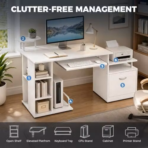 HOMCOM Modern Computer Desk in White and Silver, W/D/H: 120 x 60 x 76 cm – 4