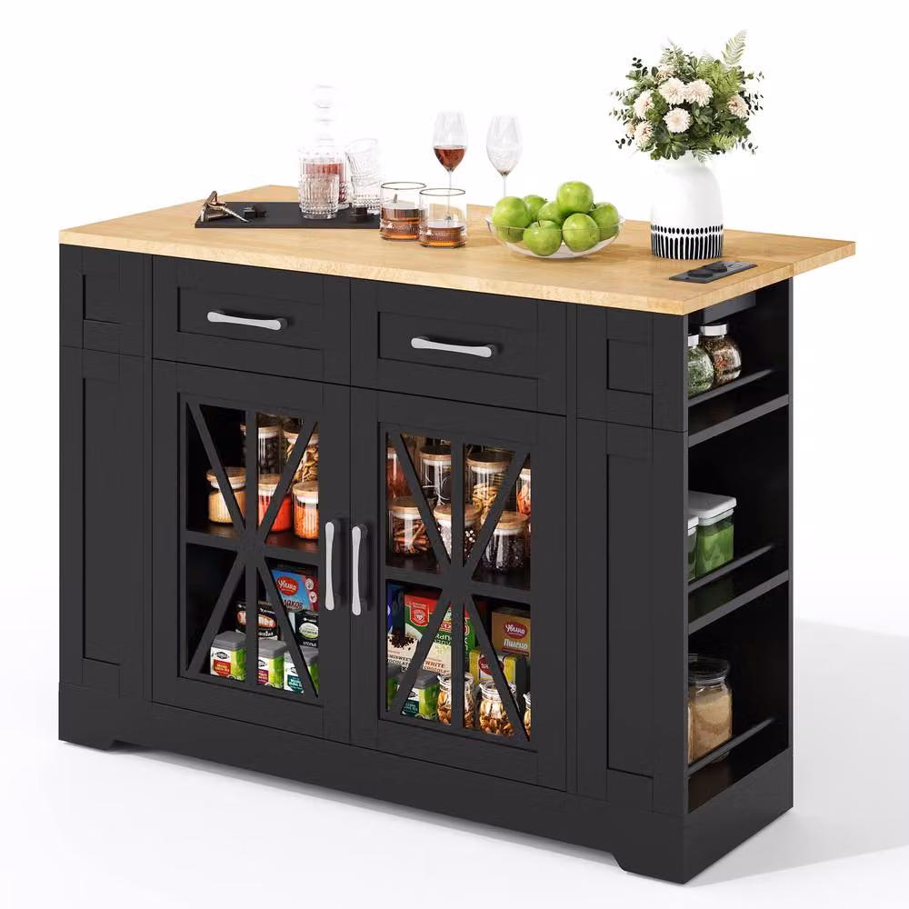 Matteo Mobile Kitchen Island with Foldable Top and Power Sockets, Black and Natural Wood, H 92.0 x W 65.0 x D 40.0 cm – 5