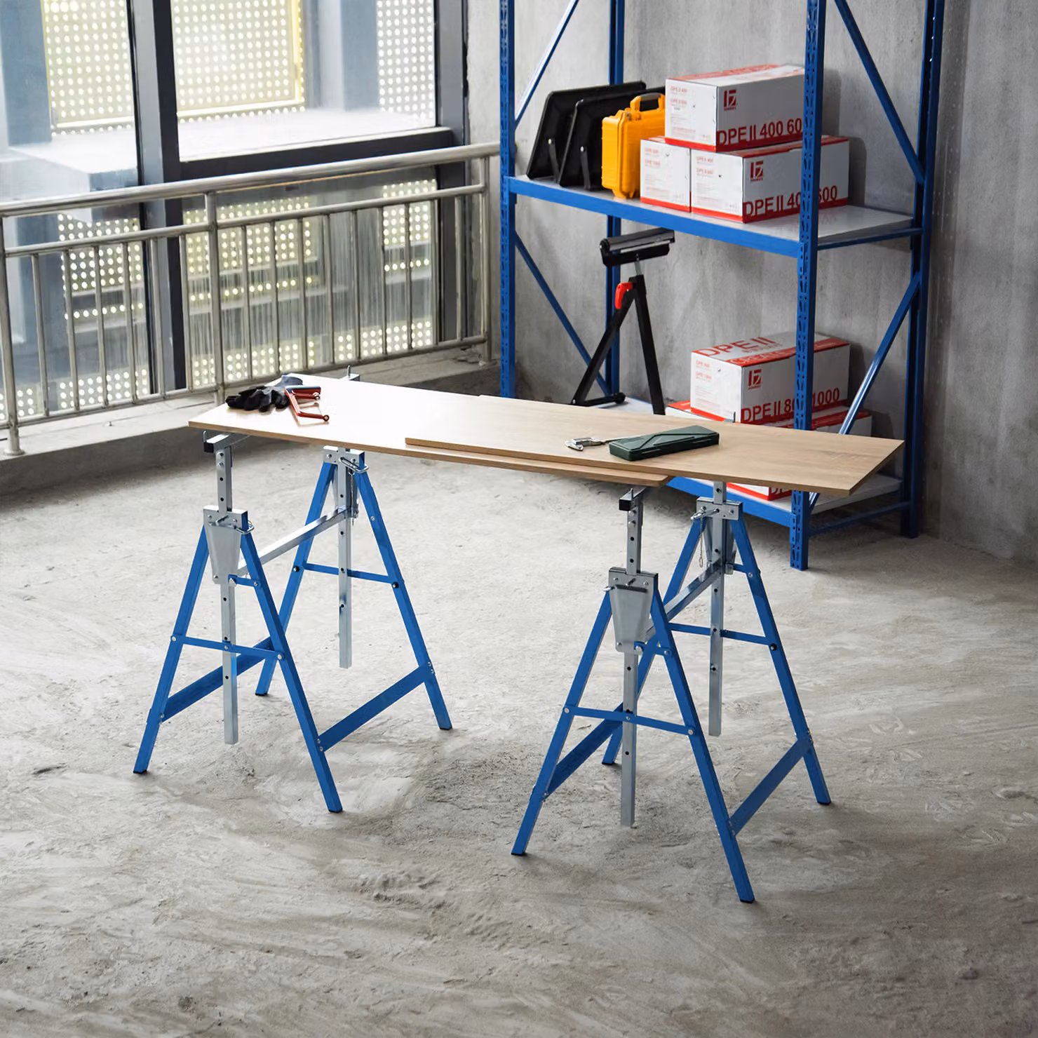 HOMCOM Set of 2 Blue Steel Adjustable Telescopic Folding Builders Trestles – 2