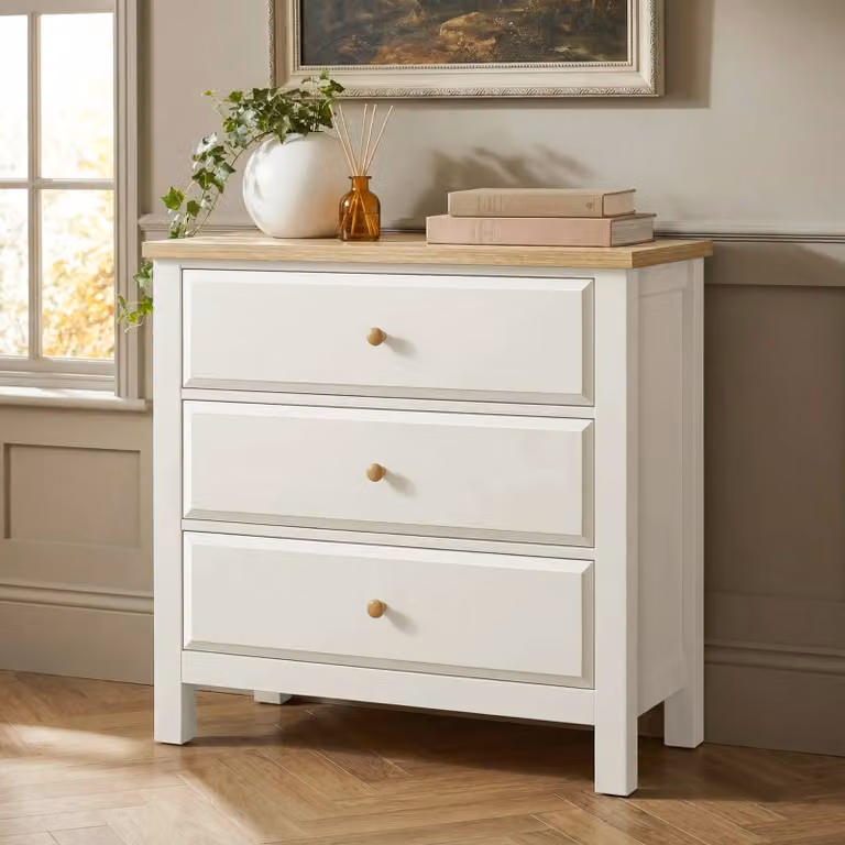 DHS Haven White Painted 3 Chest of Drawers with Oak Top W/D/H: 83 x 42 x 80 cm