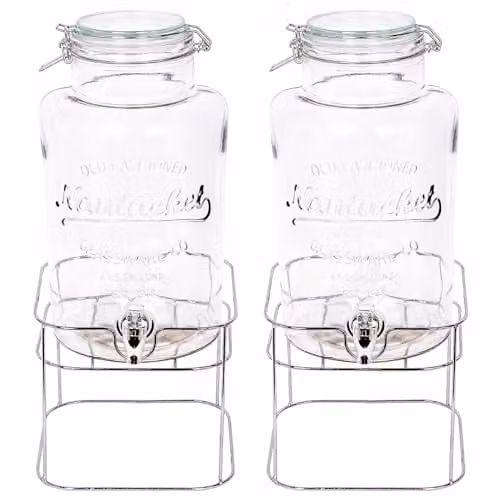 Rink Drink Pack of 2 Glass Drinks Dispensers with Tap and Lid, 6.5 l each, Silver and Transparent – 1