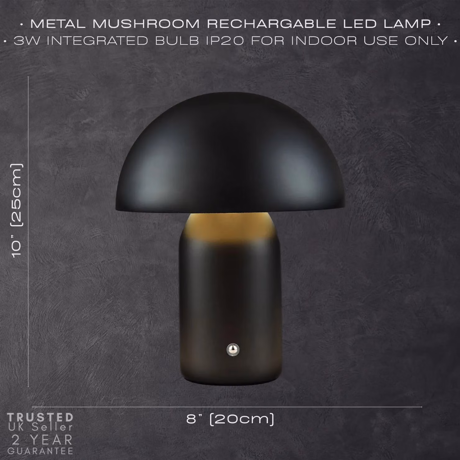 Happy Homewares Modern Rechargeable Mushroom Table Lamp with Touch Dimmer in Black, Height: 35.56 cm – 6
