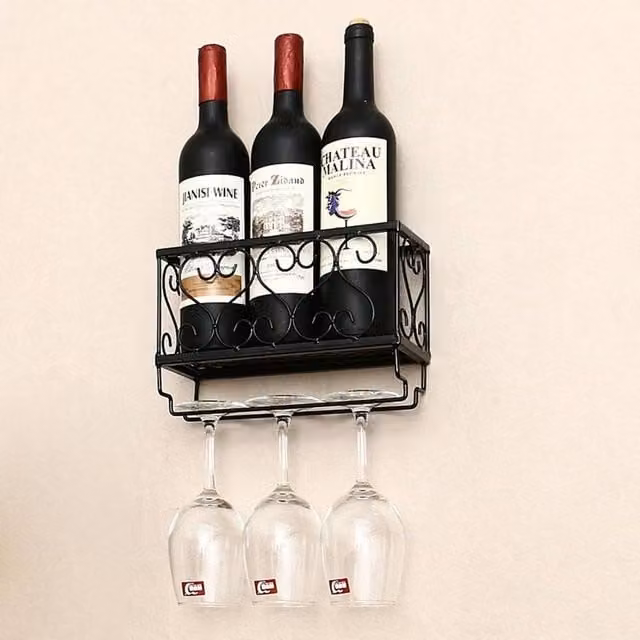 KORVIXA Wall Mounted Wine Rack Hanging Storage Shelf in Matt Black
