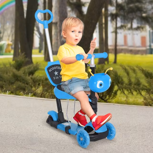 HOMCOM 5 in 1 Kids Toddler Height Adjustable Mini Kick Scooter and Tricycle in Blue