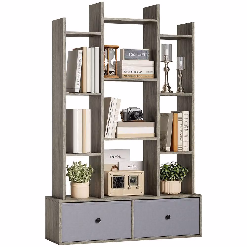HOMCOM 12-Tier Tree Bookshelf with 2 Foldable Drawers, Grey Wood Effect, W/D/H: 120 x 24 x 124 cm – 2