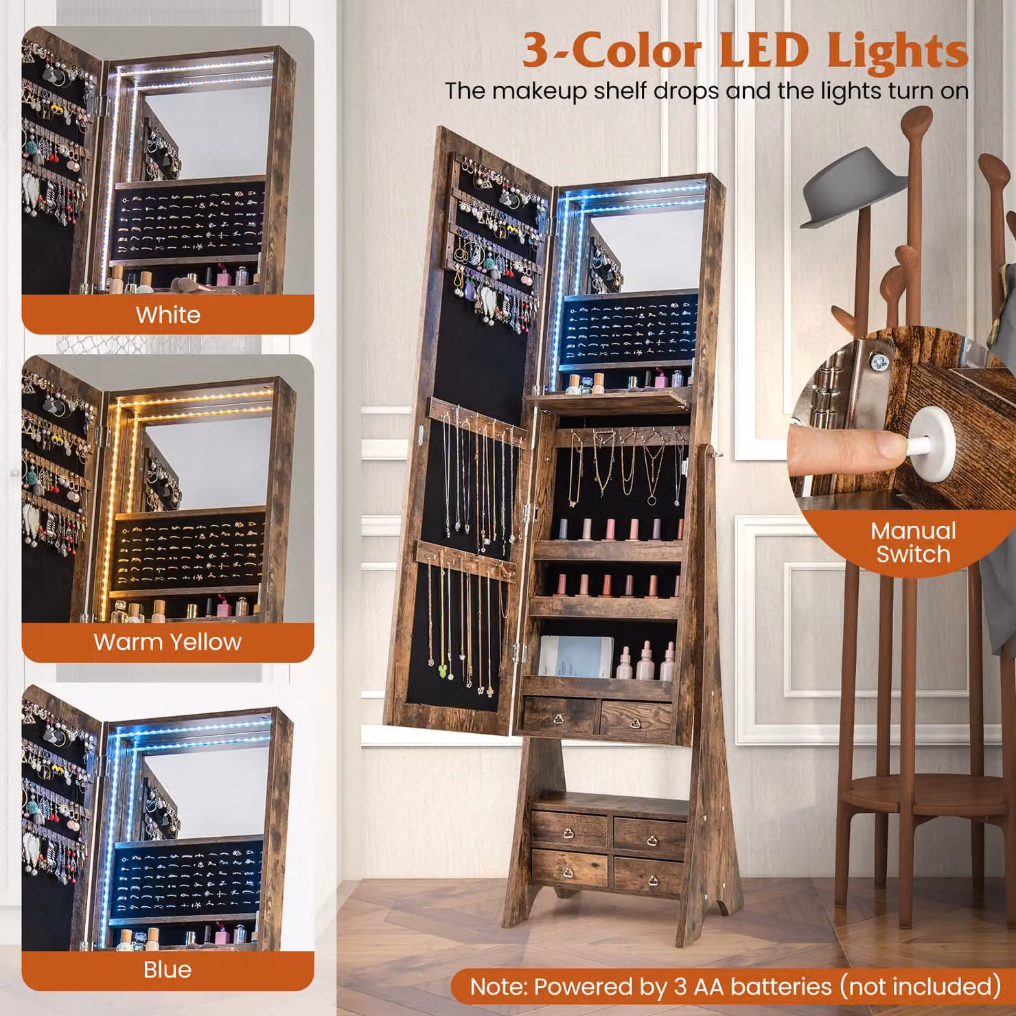 Costway Brown Jewelry Cabinet Armoire with 3-Colour LED Lighting and Mirror – 4
