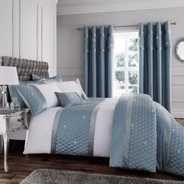 Catherine Lansfield Sequin Cluster Duckegg Blue Cotton Mako Satin Duvet Cover Bedding Set