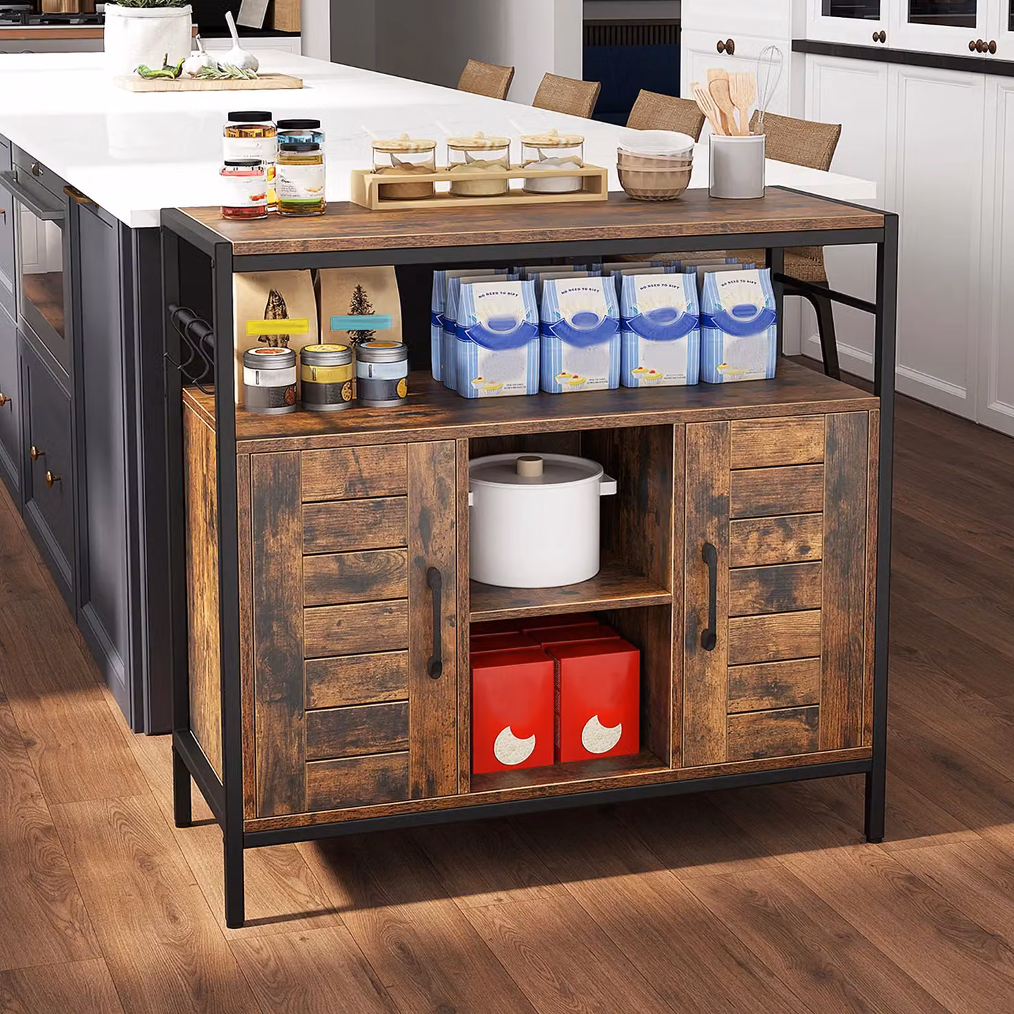 Costway Industrial Buffet Cabinet and Coffee Bar in Brown with 2 Doors and Adjustable Shelves – 6