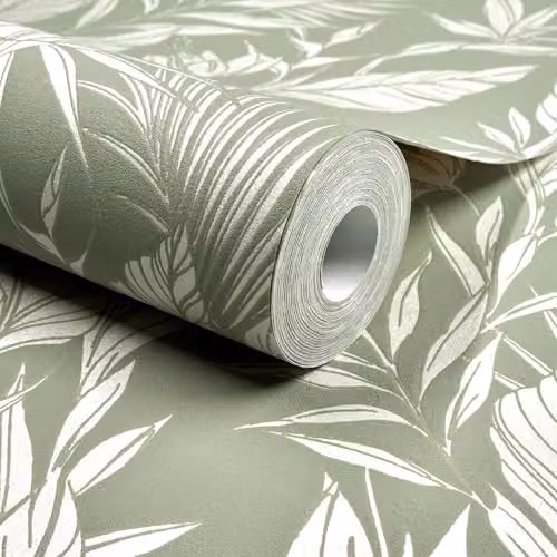 Grandeco Glistening Lucia Tropical Foliage Botanical Blown Vinyl Wallpaper, Sage Green