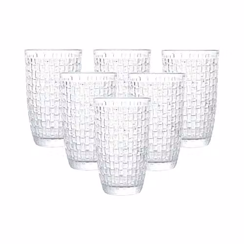 Simpa Set of 6 Transparent Geometric Embossed Rattan Pattern Glass Tumblers, 425ml