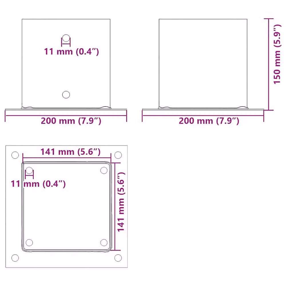 Berkfield Home Square Post Bases, 12 Pack, Anthracite Black Powder-coated Galvanised Steel, W/D: 14.1 x 14.1 cm – 5