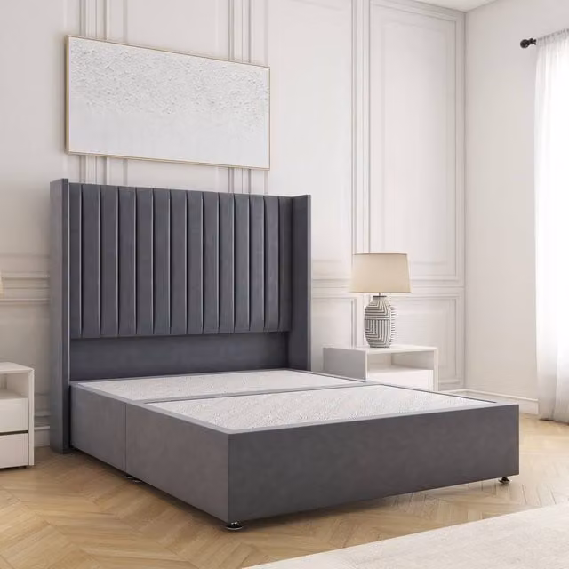 BSSPOKE Manhattan Single Divan Bed with 54 inch Plush Velvet Headboard in Charcoal Grey