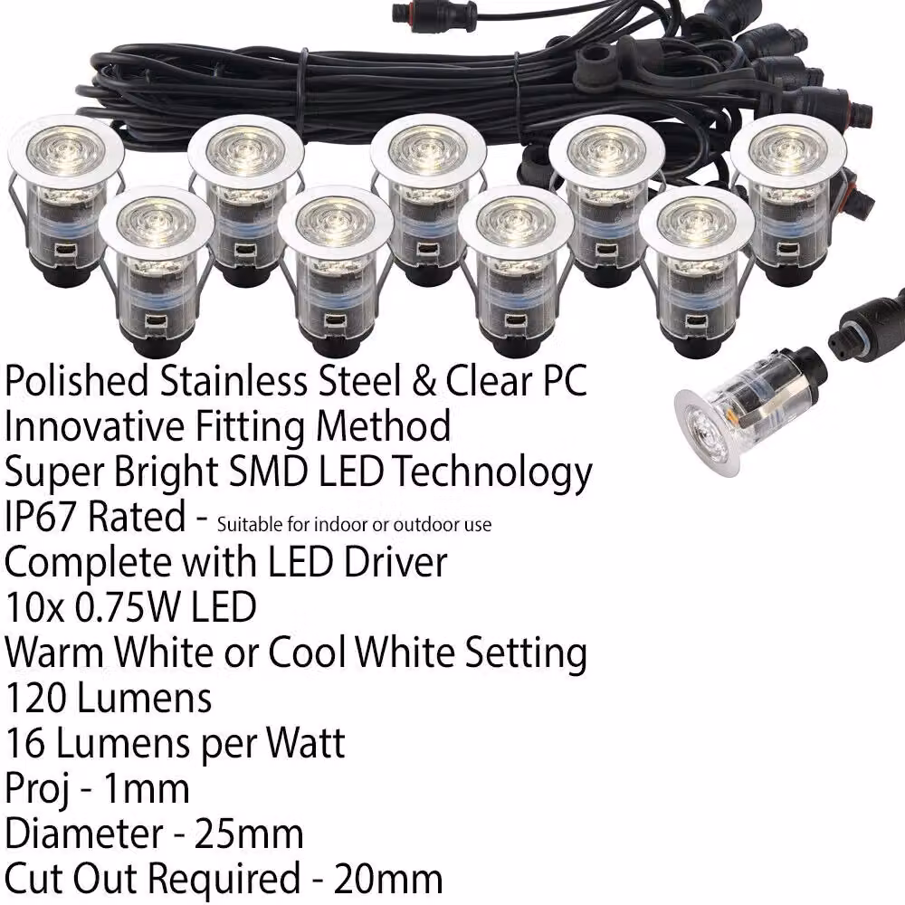 Loops IP67 LED Decking Plinth Light Kit with 10 Colour Changing White Lamps in Stainless Steel and Plastic – 2