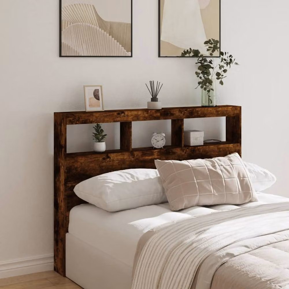 Berkfield Home Modern Headboard Cabinet in Smoked Oak Brown with LED Lighting, Integrated Shelf and USB Charging Port, W/D/H: 140 x 17 x 102 cm – 2